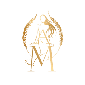 The logo showcases a golden, stylized, and elegant figure of Ava Marie, an Elite Independent Companion. Her flowing hair is gracefully arranged above a prominent 