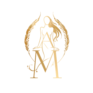 The logo showcases a golden, stylized, and elegant figure of Ava Marie, an Elite Independent Companion. Her flowing hair is gracefully arranged above a prominent 